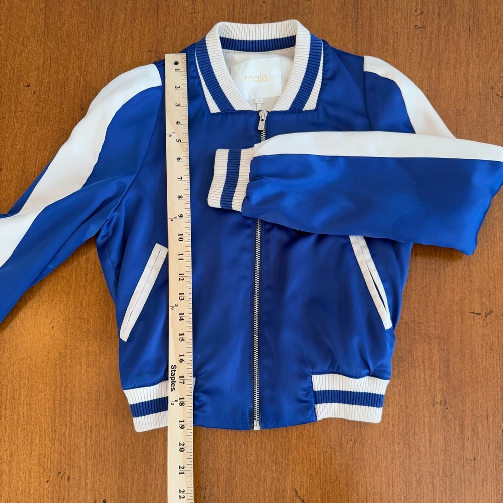 Maje Blue and White Satin Bomber Jacket with Cactus appliqué - Picture 6 of 12